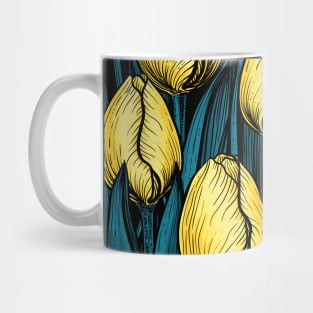 Yellow tulips with blue leaves Mug